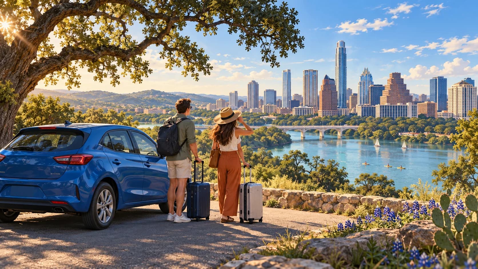 Austin airport car rental illustration showing a blue car, travelers and live oaks above the river with the city skyline.