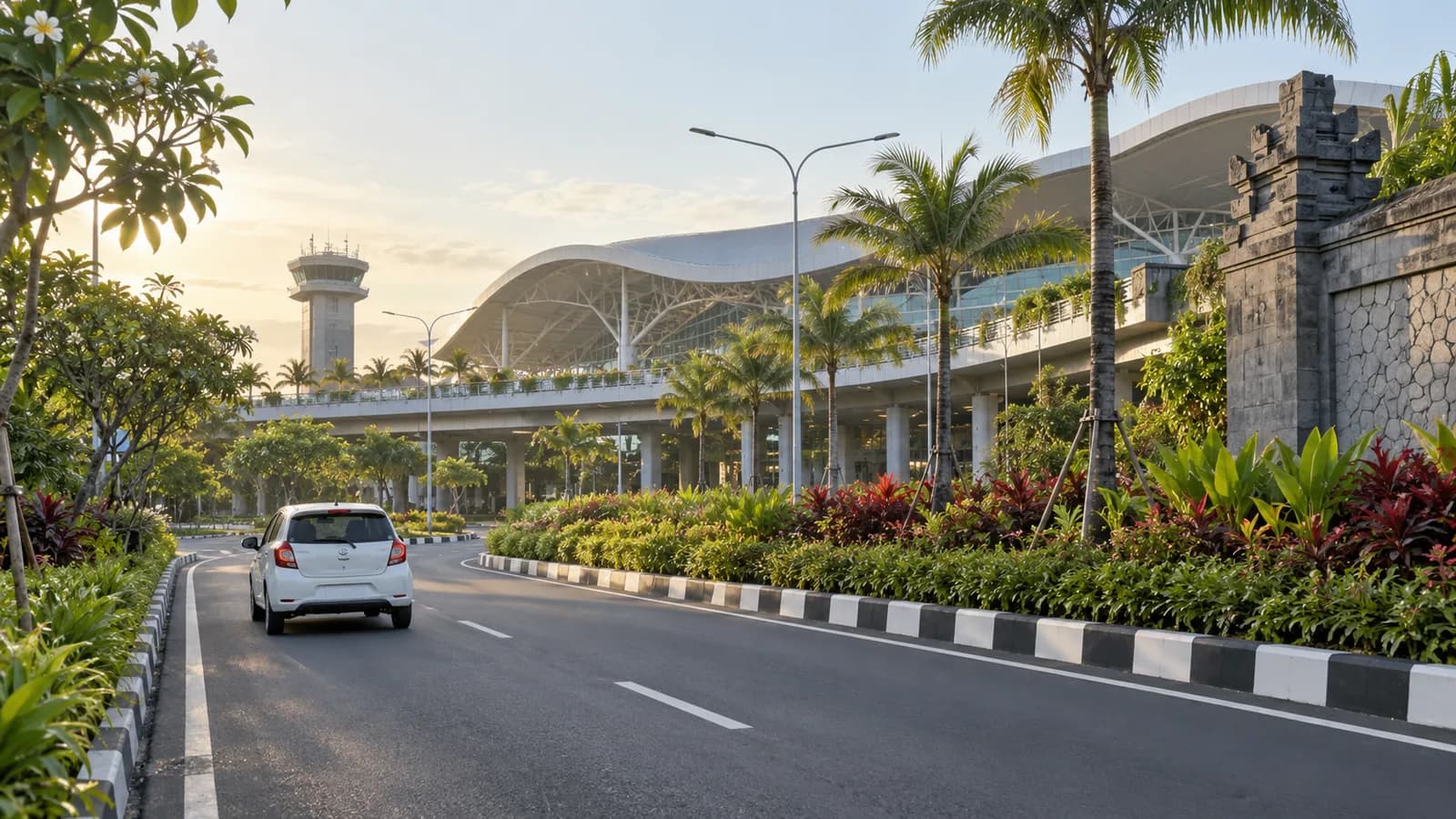 Bali Airport car hire illustration of a compact car on a tropical airport approach road.