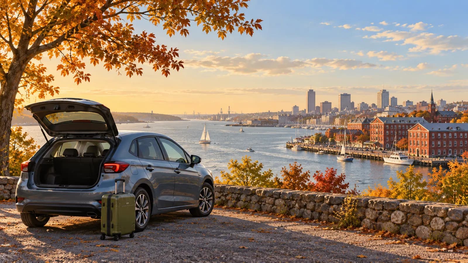 Baltimore BWI car rental illustration showing an unbranded car beside a Chesapeake waterfront with brick harbor buildings.