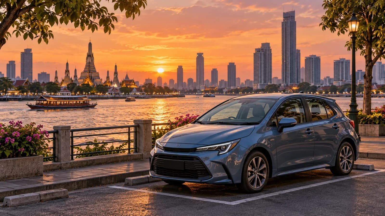 Bangkok travel illustration with a slate blue car by the Chao Phraya river and sunset skyline.