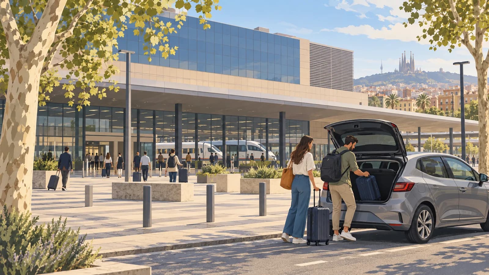 Conceptual Barcelona Sants illustration showing travellers loading luggage into a car outside a modern rail station