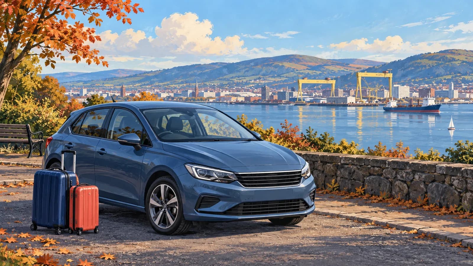 Conceptual Belfast travel illustration showing a blue hatchback and suitcases at a paved viewpoint above Belfast Lough with shipyard cranes in the distance.