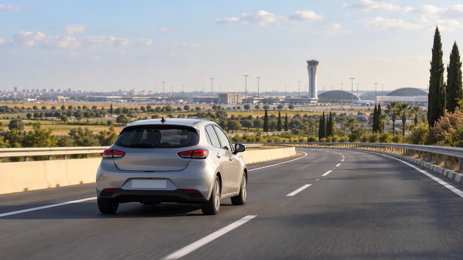 Ben Gurion Airport car rental illustration showing an unbranded car on a modern airport approach road.