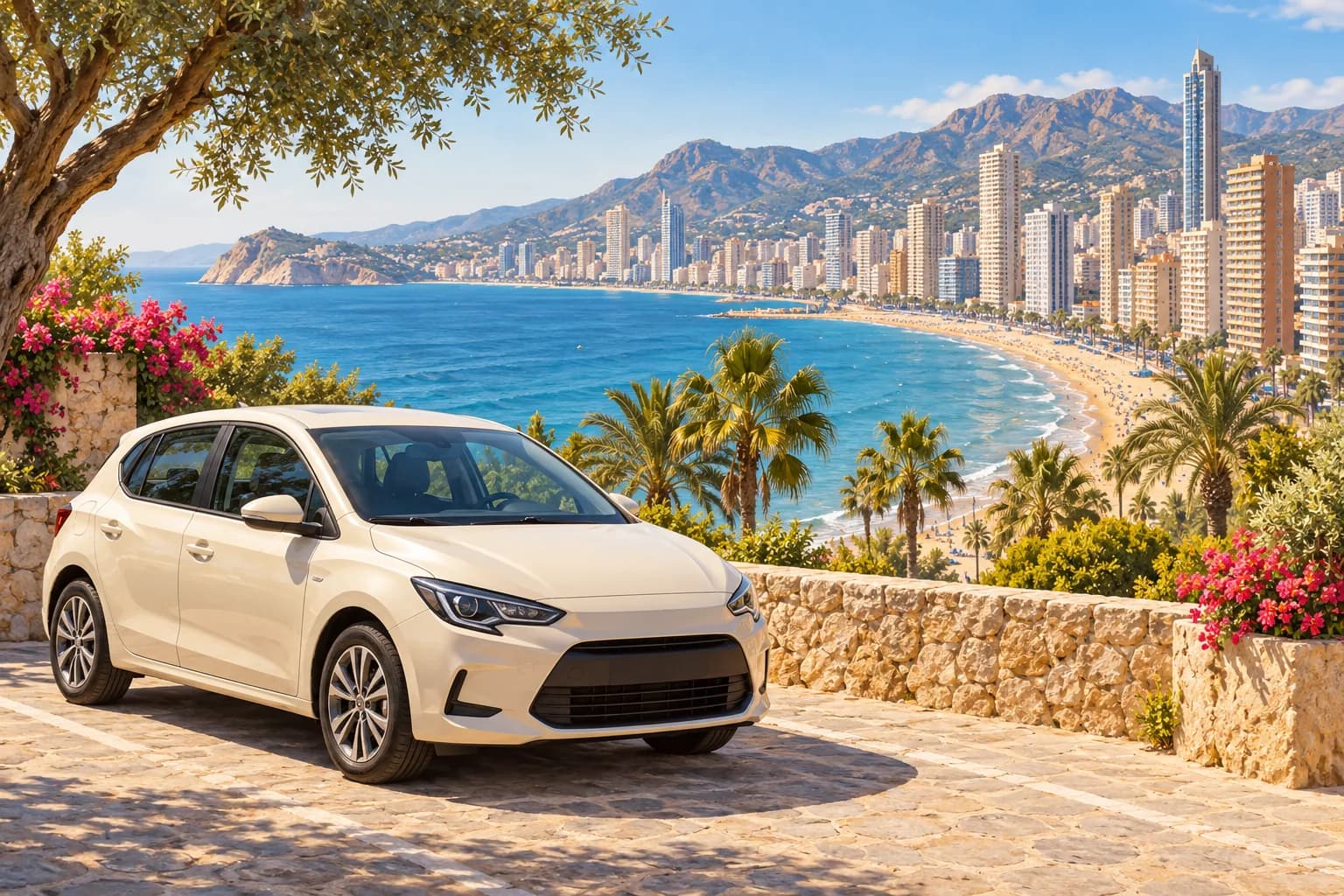 Benidorm car hire illustration showing a cream compact rental car at a paved overlook above a long beach, blue bay and Mediterranean resort skyline.