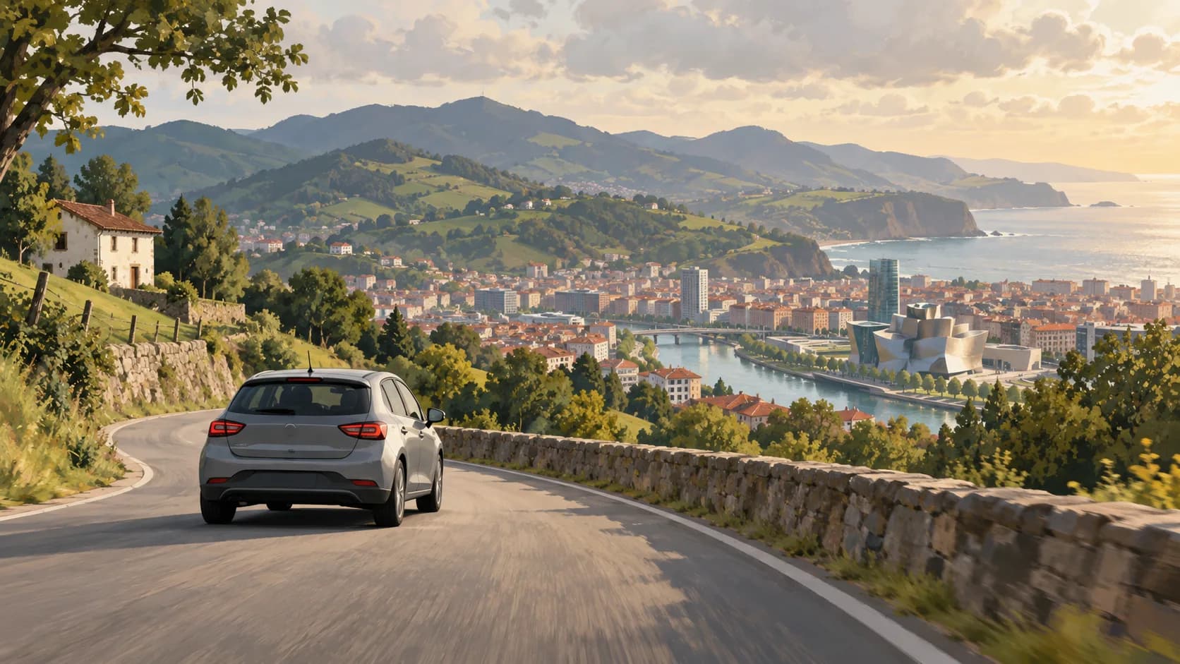 Car hire illustration showing compact car on a Basque road near Bilbao, with green hills and Atlantic light.