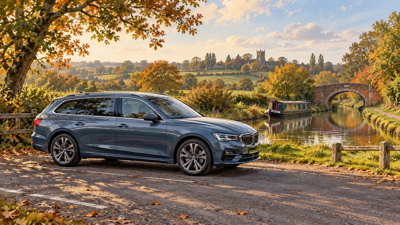 Birmingham travel illustration showing a blue rental estate car parked beside a Warwickshire canal, autumn trees and a red brick bridge.