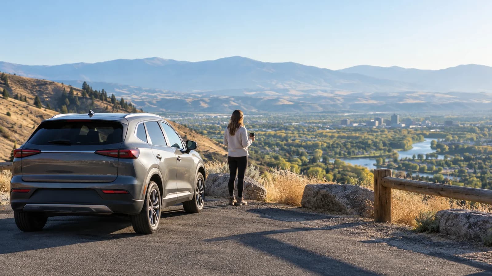 Illustration of an unbranded rental car at an Idaho foothills overlook above Boise.