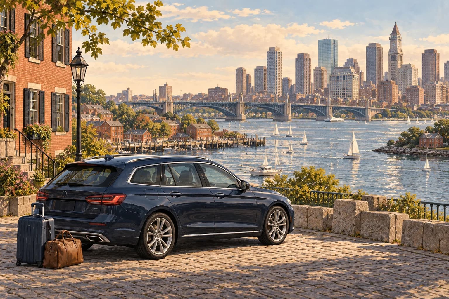 Boston car rental illustration showing a navy rental car, luggage, brick waterfront houses and a harbour skyline from a paved overlook.