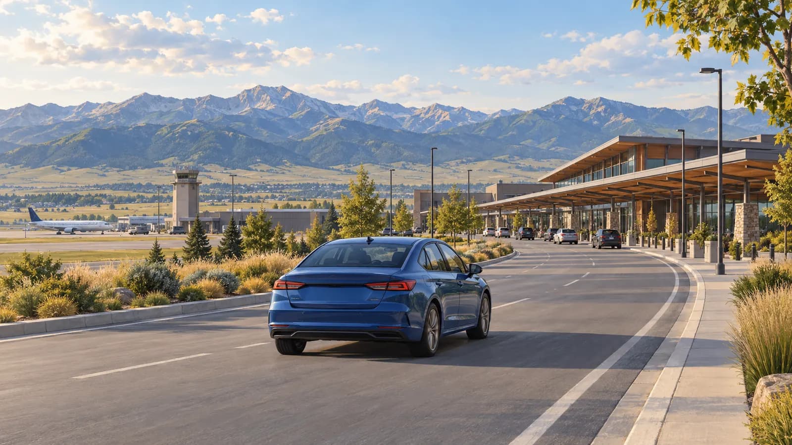 Conceptual Bozeman airport travel illustration showing a blue rental car on a paved approach road, with terminal buildings, valley and mountains beyond.