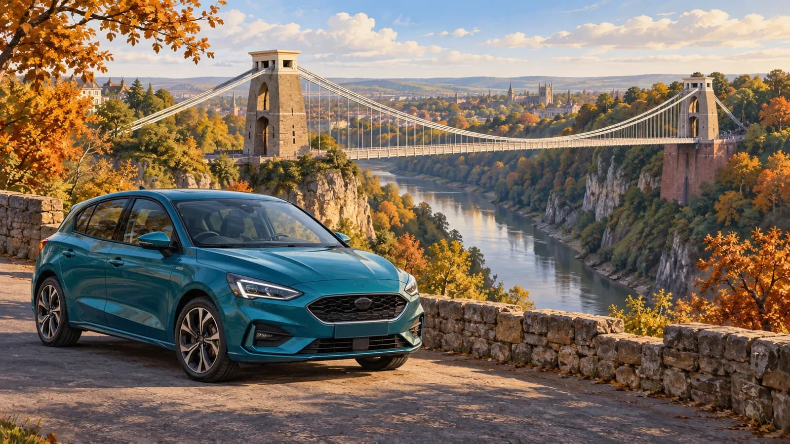 Bristol travel illustration showing a teal rental hatchback at a paved overlook above the Avon Gorge and Clifton Suspension Bridge.