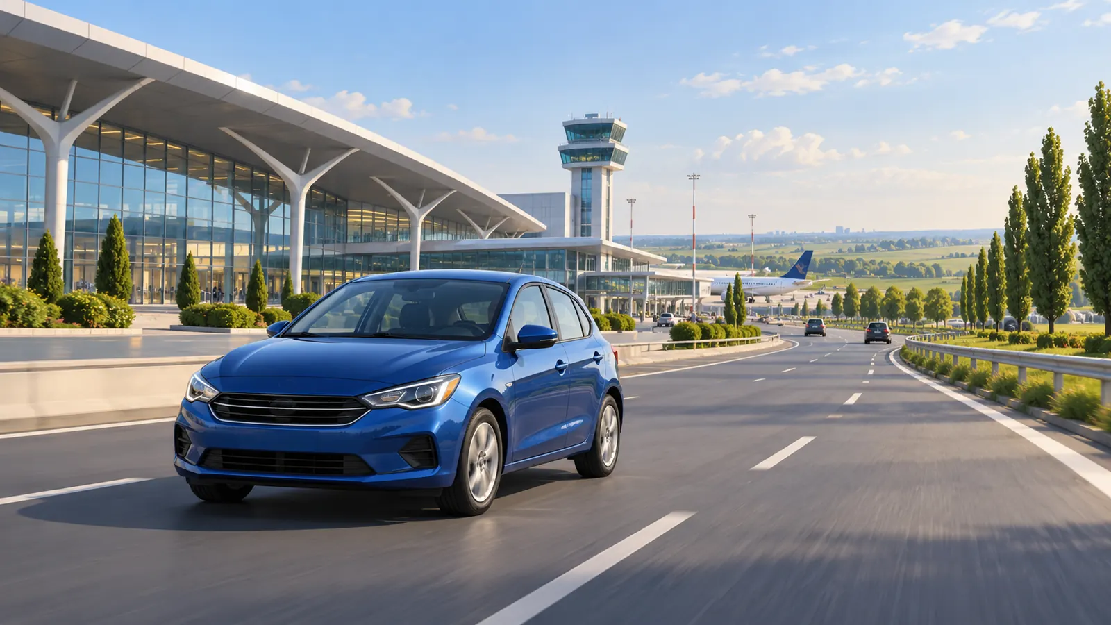 Conceptual Bucharest airport travel illustration showing a blue car by a low terminal and tree-lined road.