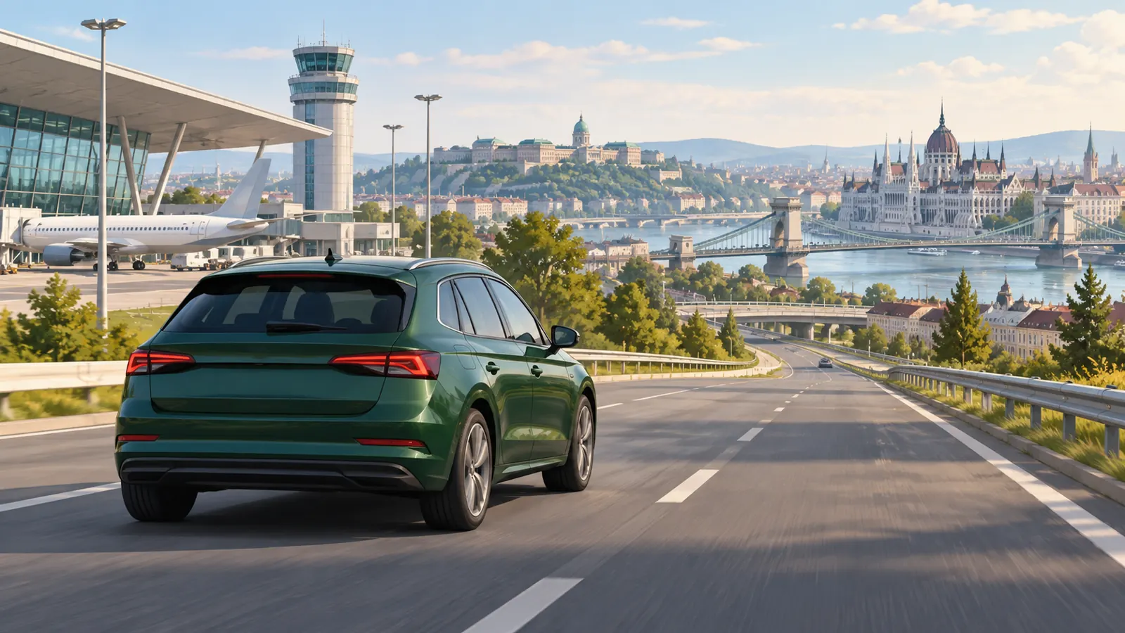 Conceptual Budapest airport travel illustration showing a green car on a paved approach with a distant city skyline.