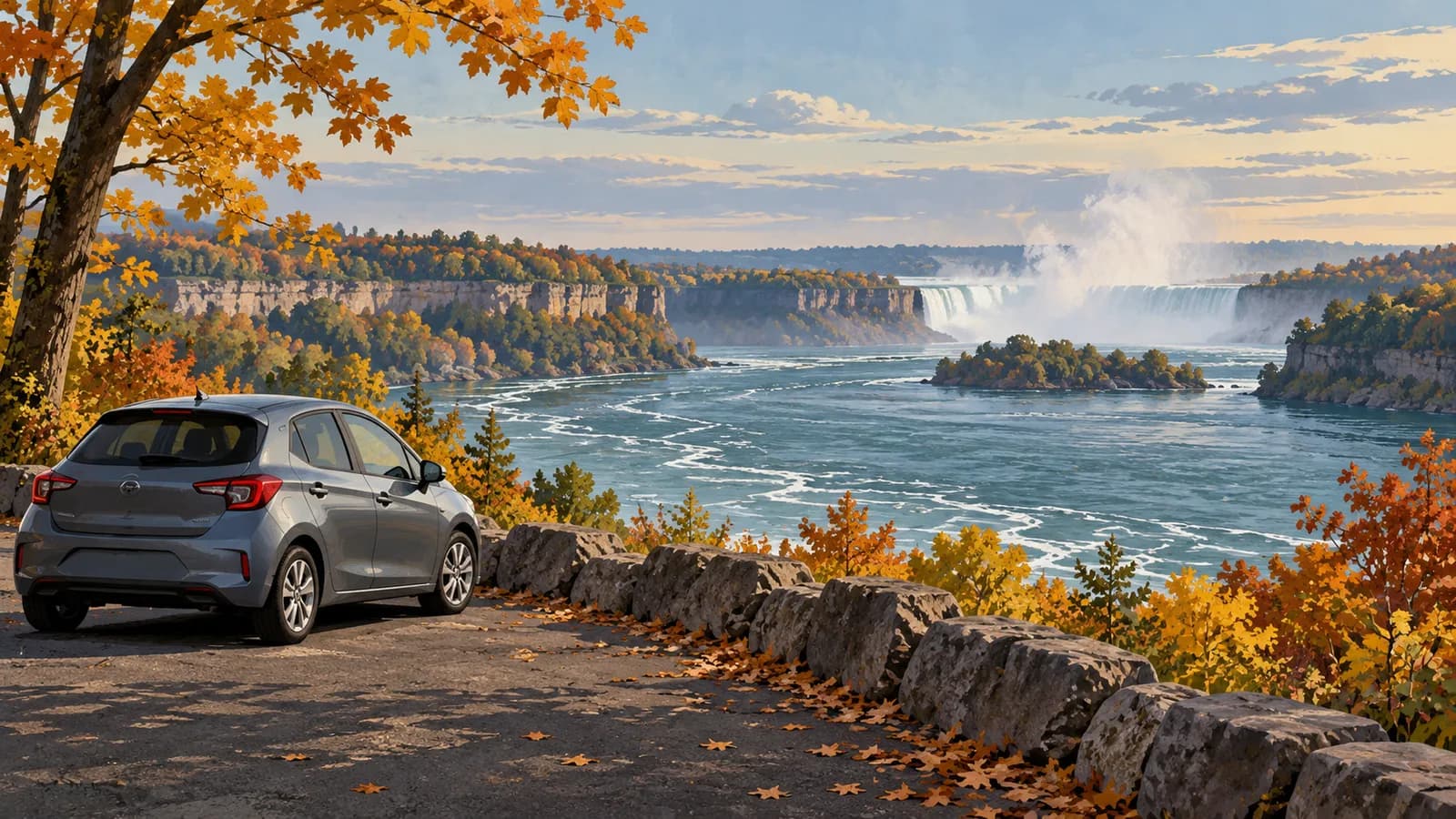 Buffalo Niagara car rental illustration showing an unbranded car beside the Niagara River with distant mist and autumn trees.