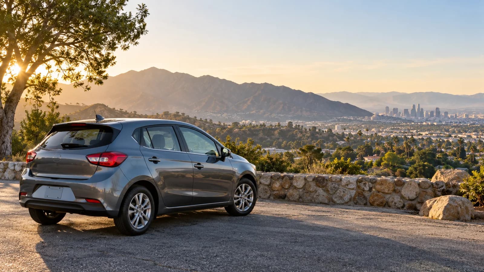 Illustration of an unbranded rental car overlooking the Los Angeles valley from the Burbank hills.