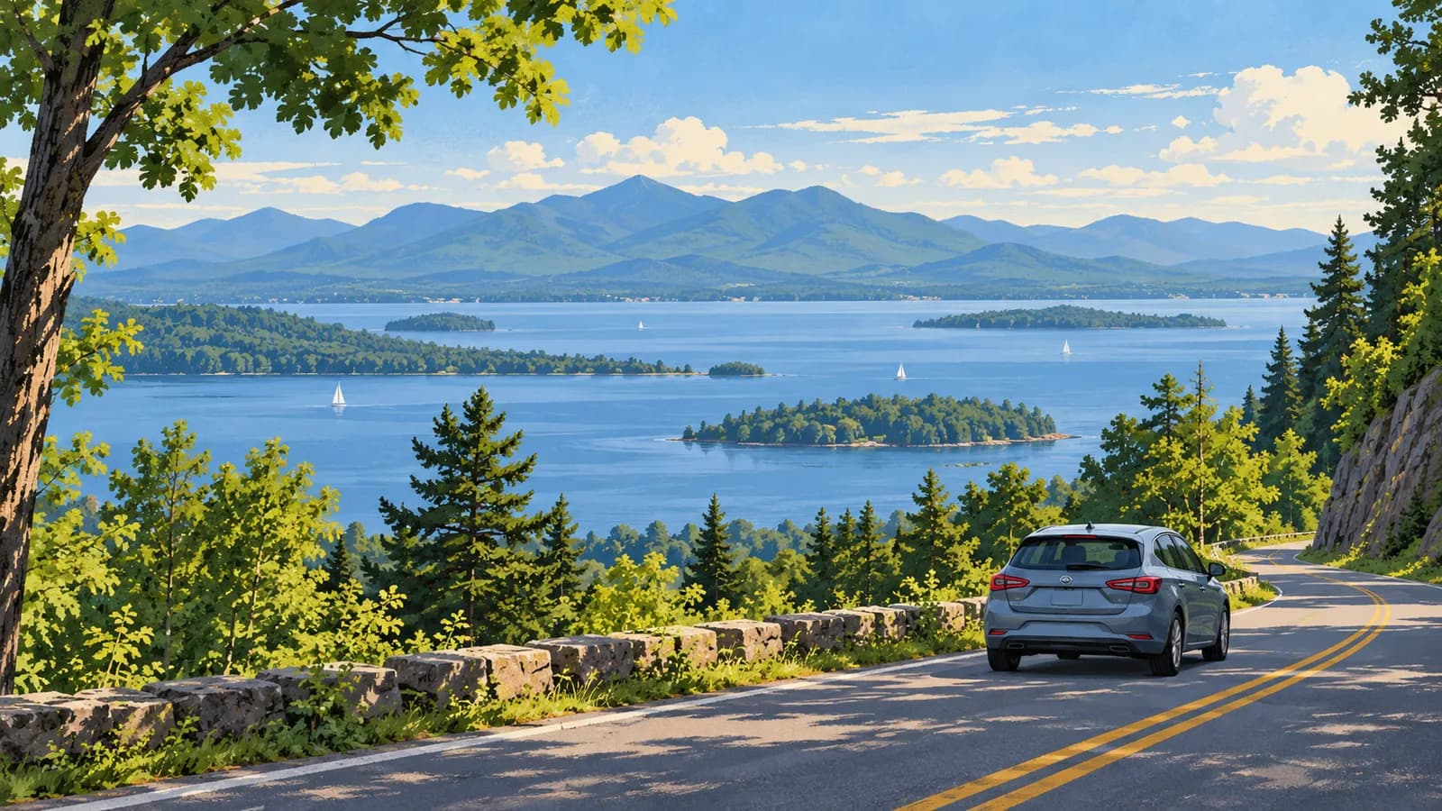 Burlington Vermont car rental illustration showing an unbranded car above Lake Champlain and distant mountains.