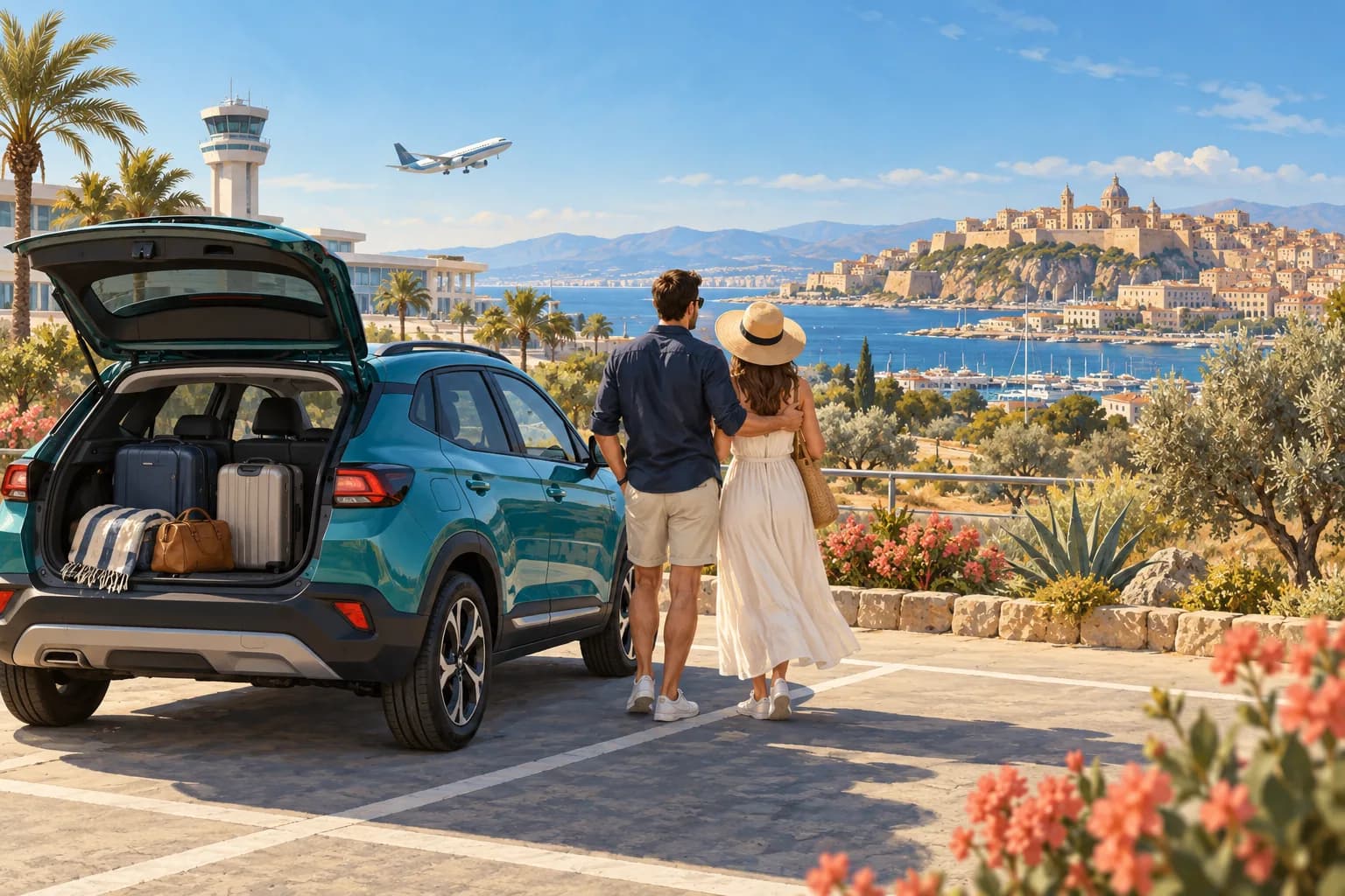Cagliari arrival illustration showing a teal rental crossover with its open boot, travellers and luggage, an airport tower and distant southern Sardinian town.