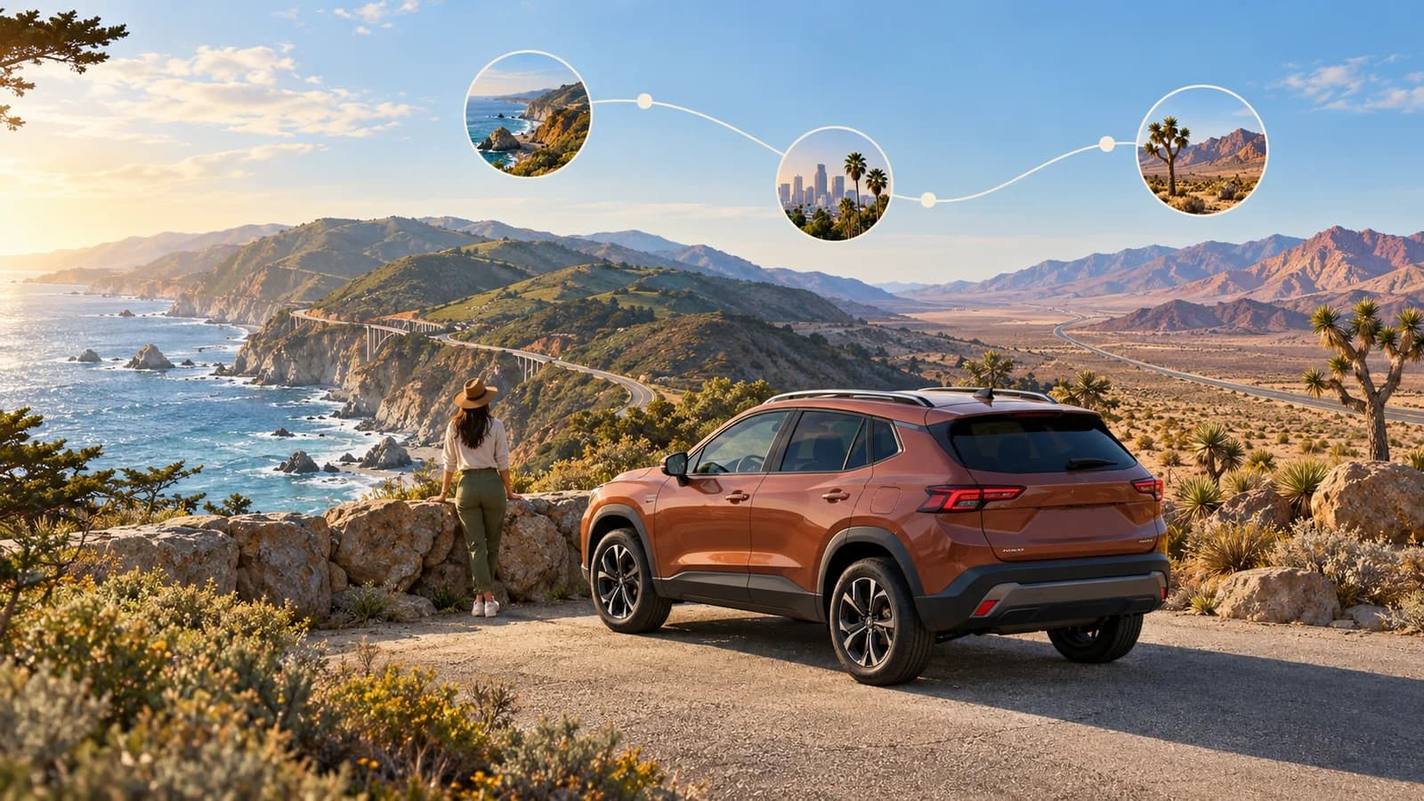 Illustration of a terracotta rental crossover with California coast and Nevada desert route alternatives