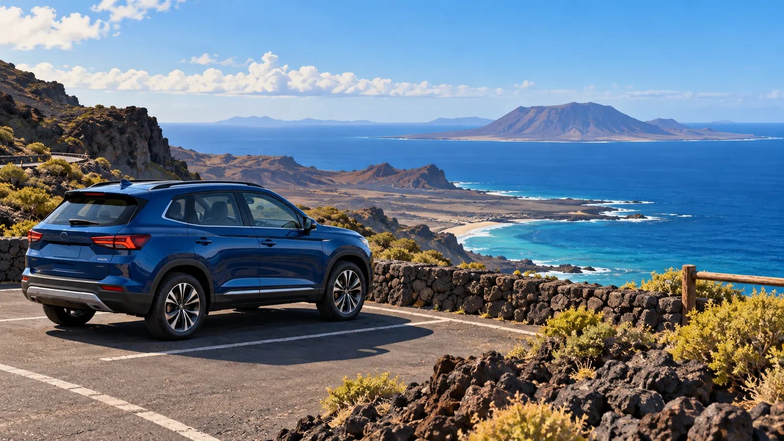 Canary Islands car hire illustration showing a blue SUV parked at a volcanic coastal lookout beside the Atlantic.