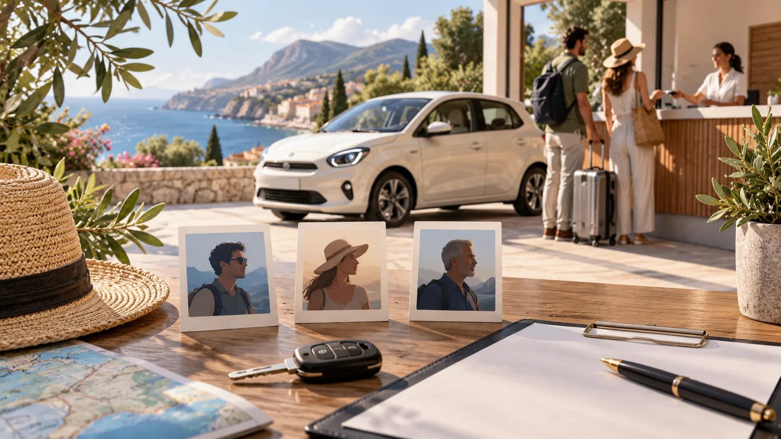 Illustration of a rental key and driver documents with three adult age groups and an ivory compact car