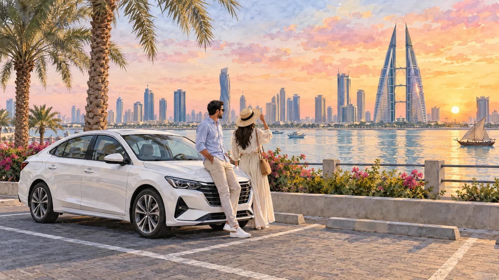 Bahrain illustration showing a pearl-white rental car safely parked in a paved Manama bay, modern Bahrain waterfront skyline