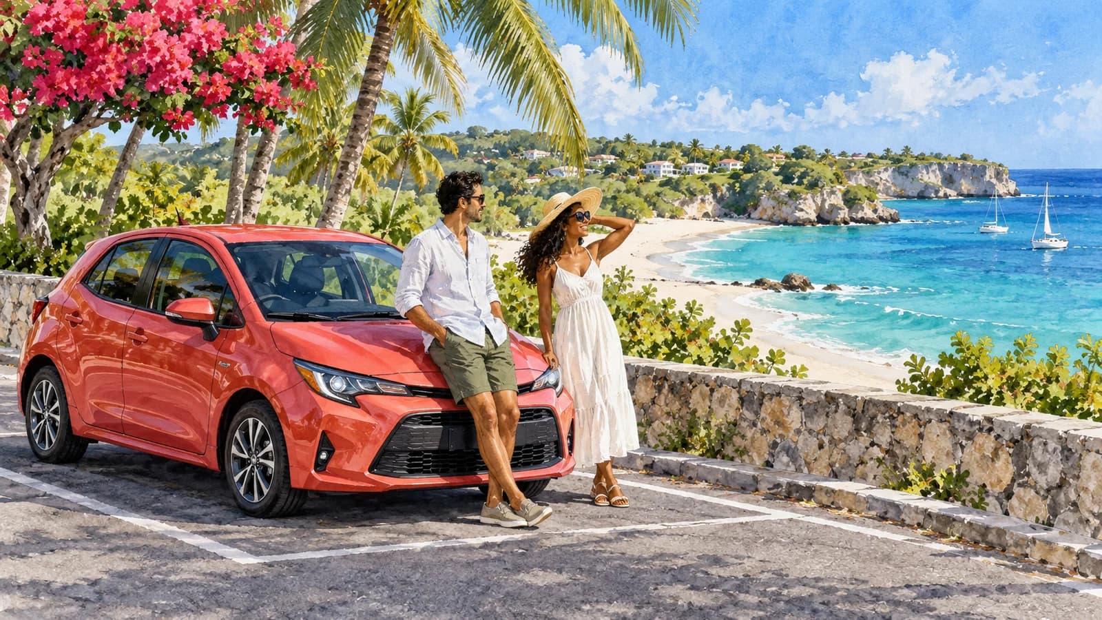 Barbados illustration showing a coral-red compact rental car in a legal paved coastal bay in Barbados, white sand and turquoise Caribbean beyond palms