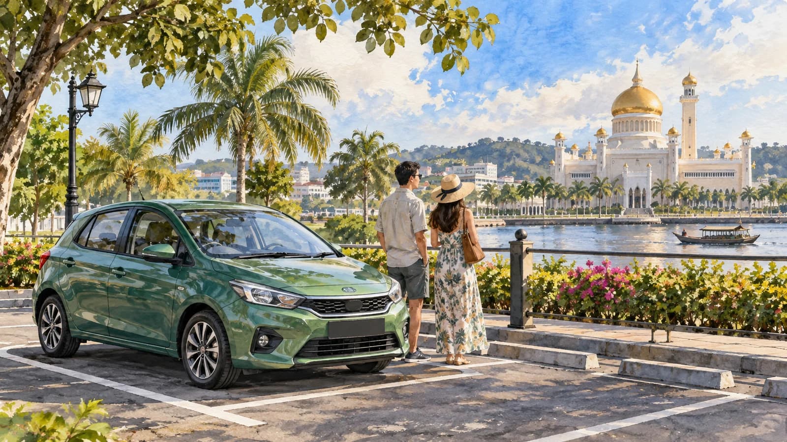 Brunei illustration showing a green compact car in a proper paved Bandar Seri Begawan parking bay, tropical trees and distant golden-domed waterfront mosque