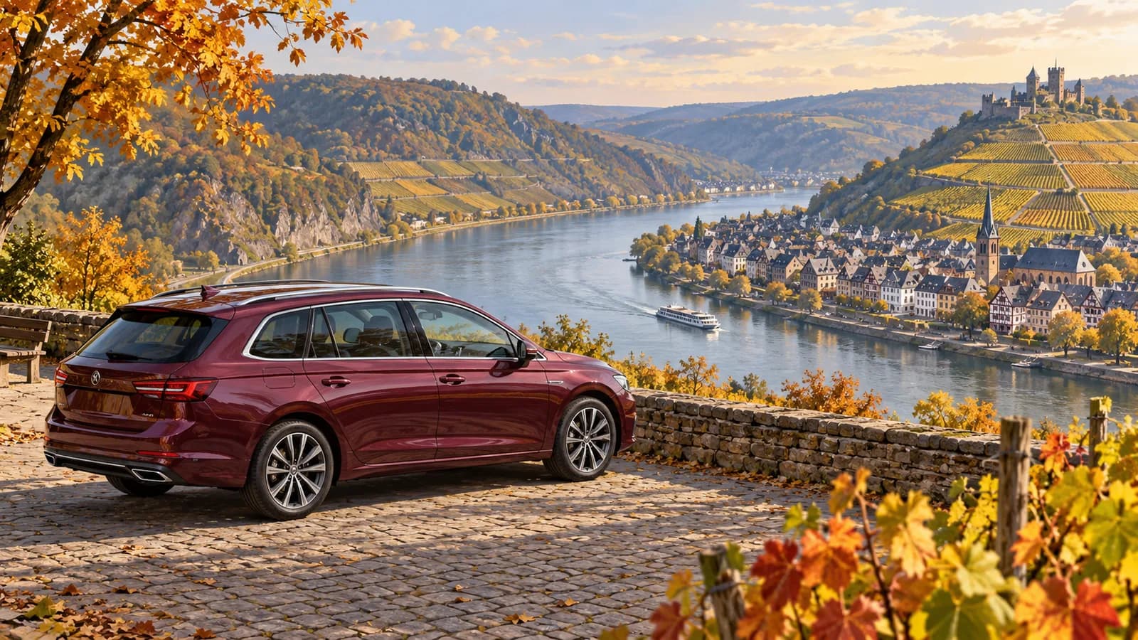 Conceptual Germany road trip illustration showing a burgundy estate car at a Rhine Valley viewpoint with vineyards, a river and hillside towns.