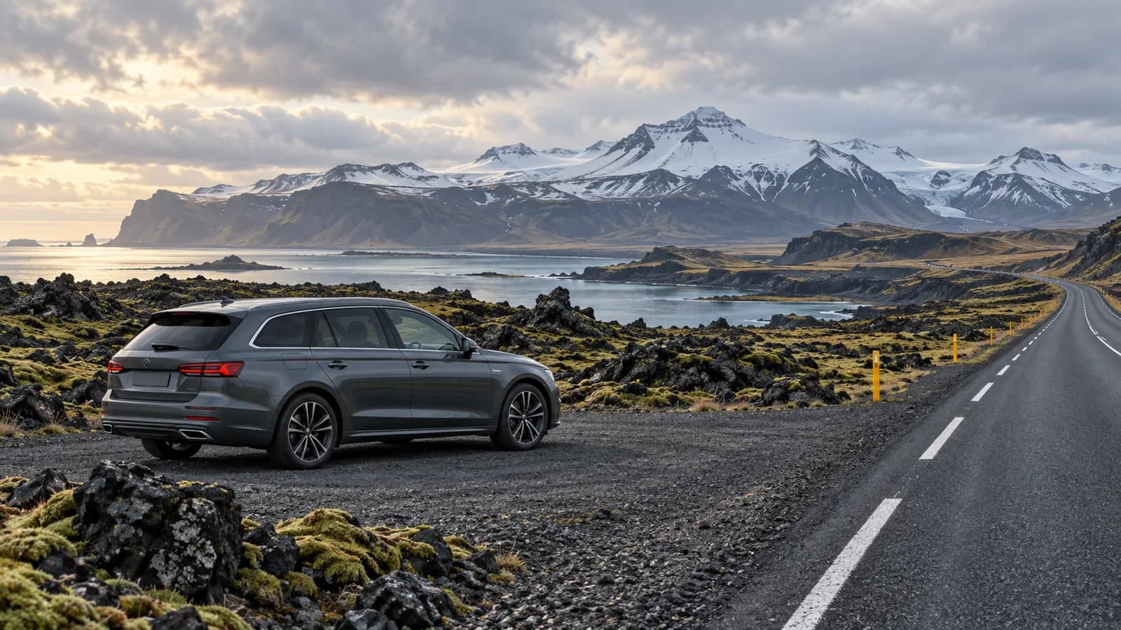 Iceland car hire illustration with a grey estate car parked beside a paved road, moss-covered lava and a snowy coastal mountain ridge.