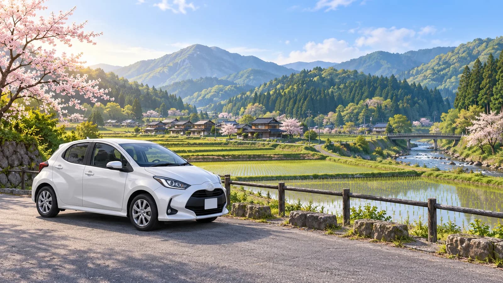 Conceptual Japan road trip illustration showing a white compact rental car beside terraced rice fields, a stream and green mountain villages.