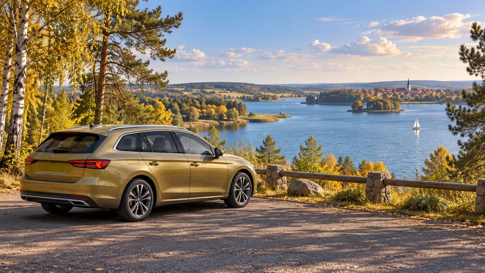 Poland travel illustration showing an ochre rental estate car at a paved lakeside turnout, birch trees and a distant Masurian village.