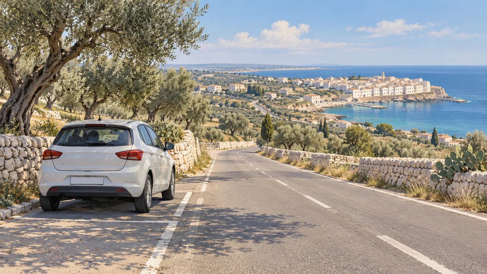 Illustration of a compact car beside an olive-lined Puglia road with a distant coastal town