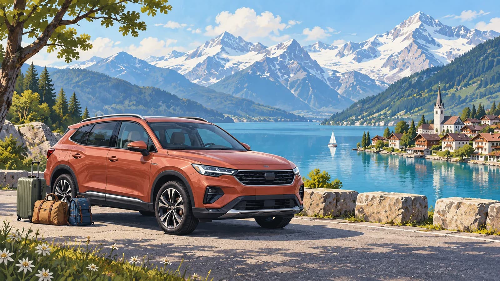 Conceptual Swiss road-trip illustration showing a terracotta rental SUV and luggage at a paved alpine lake viewpoint below snowy mountains.