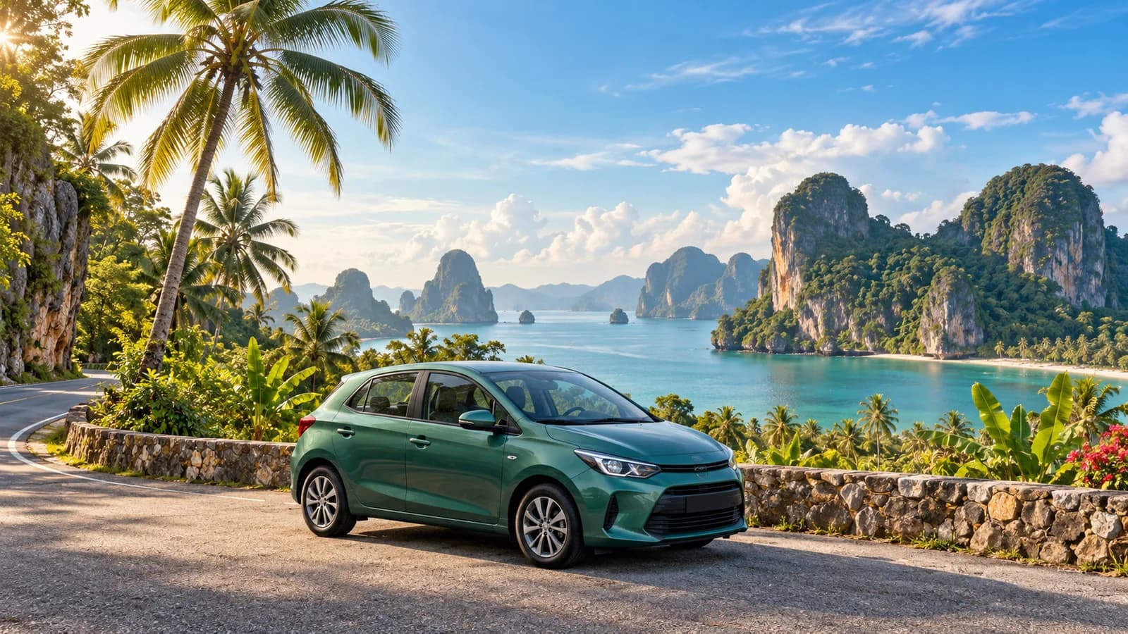 Thailand travel illustration with a jade compact car at a paved coastal viewpoint among palms and limestone hills.