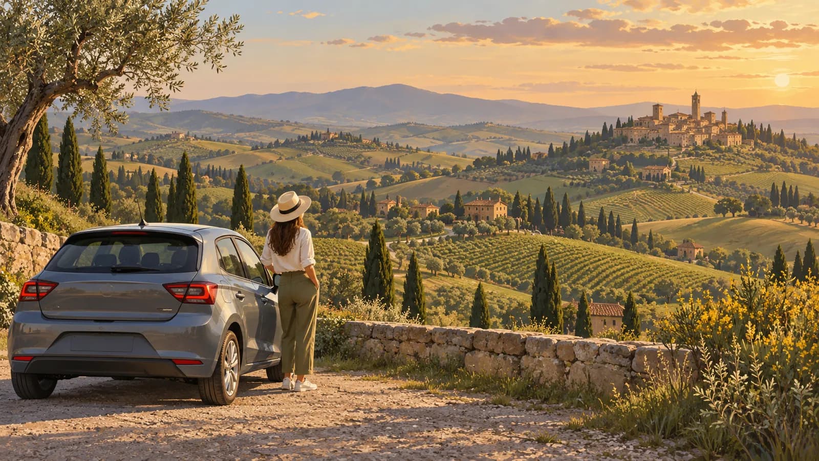 Illustration of a compact car at a Tuscan countryside lookout with cypress trees and a distant hill town