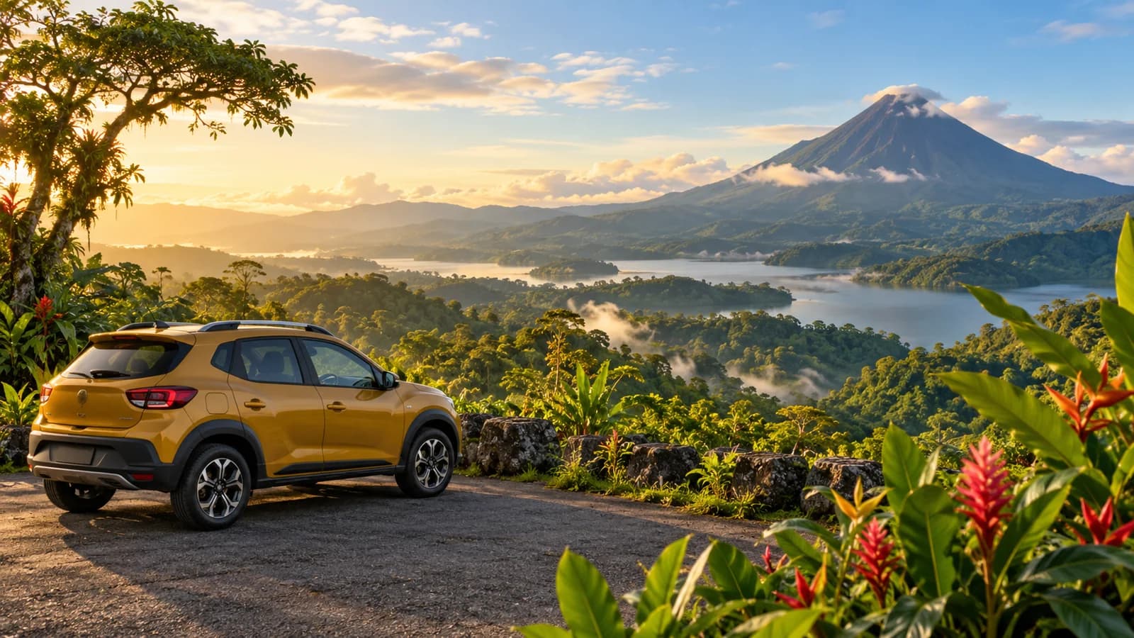 Costa Rica travel illustration with a saffron SUV at a paved rainforest viewpoint and distant volcano.