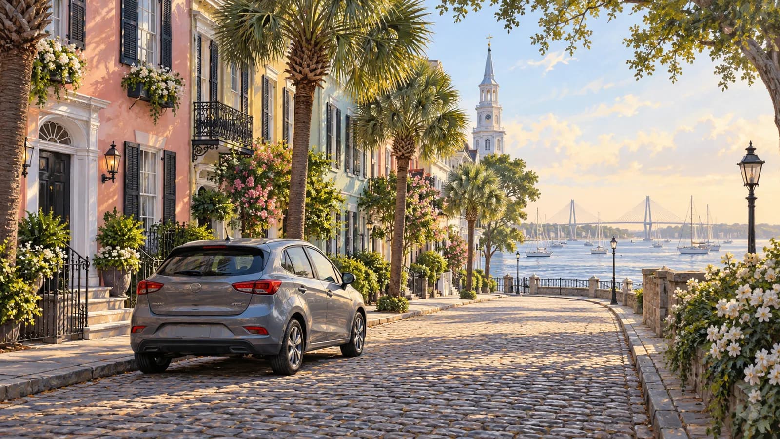 Charleston car rental illustration showing an unbranded car near pastel townhouses, palmettos and a distant harbor.