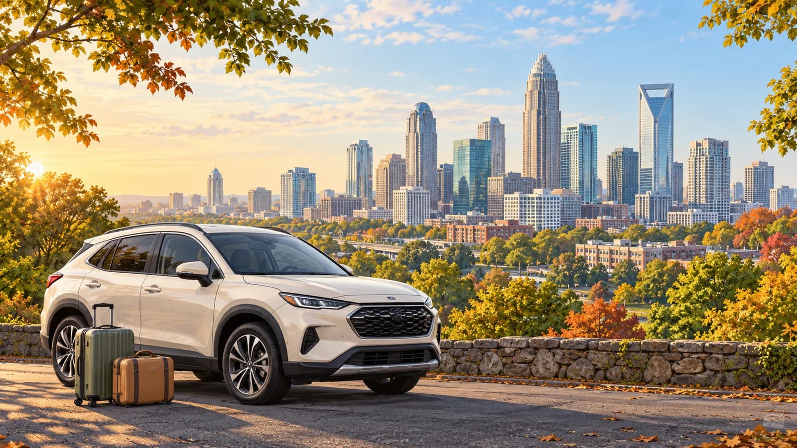 Charlotte travel illustration showing a cream rental SUV, luggage and trees with the city skyline in soft autumn morning light.