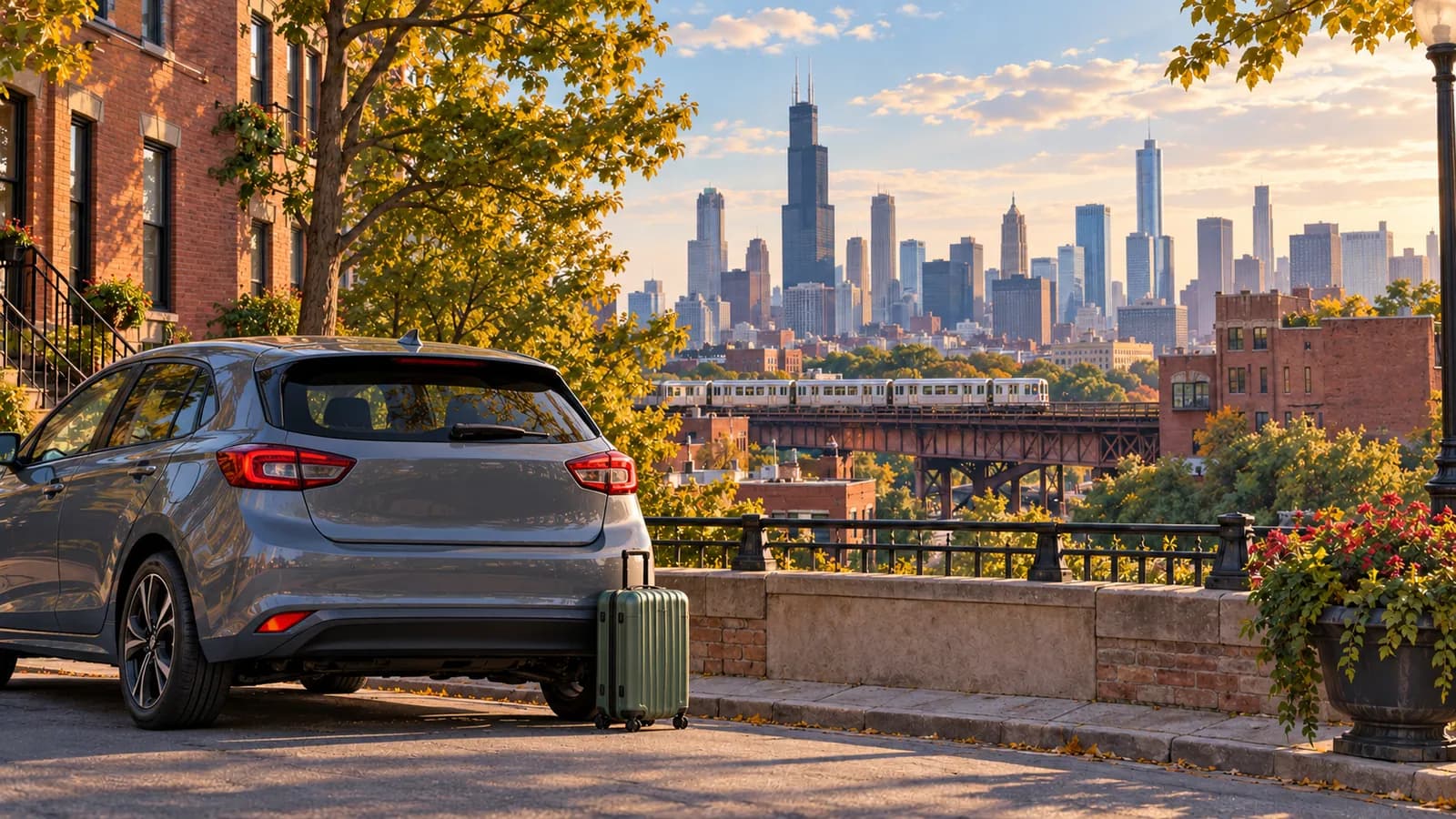 Chicago Midway car rental illustration showing an unbranded car near brick streets and a distant city skyline.