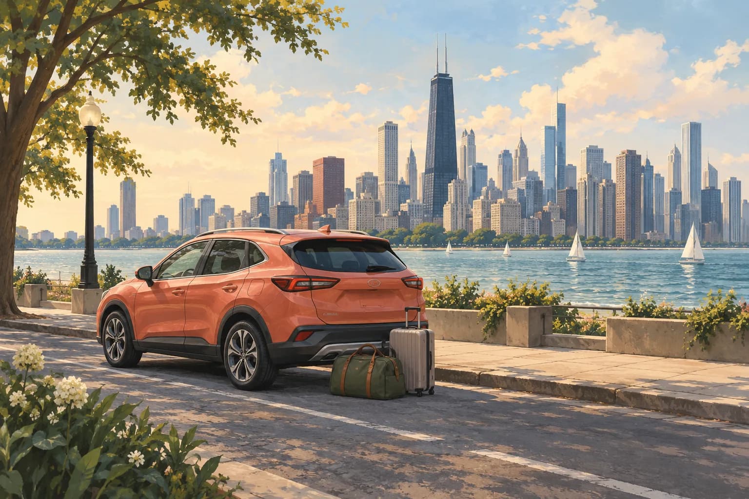 Chicago airport rental illustration showing a coral crossover, two travel bags and a broad lakeside city skyline beyond a paved stopping area.