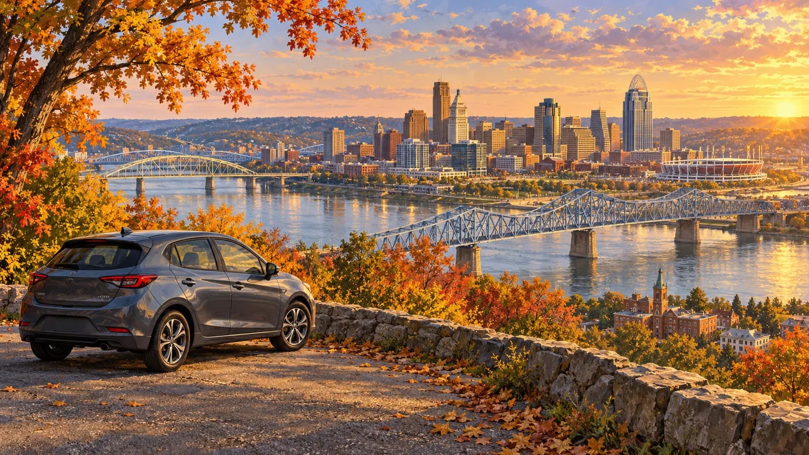 Cincinnati car rental illustration showing an unbranded car above the Ohio River and its bridges.