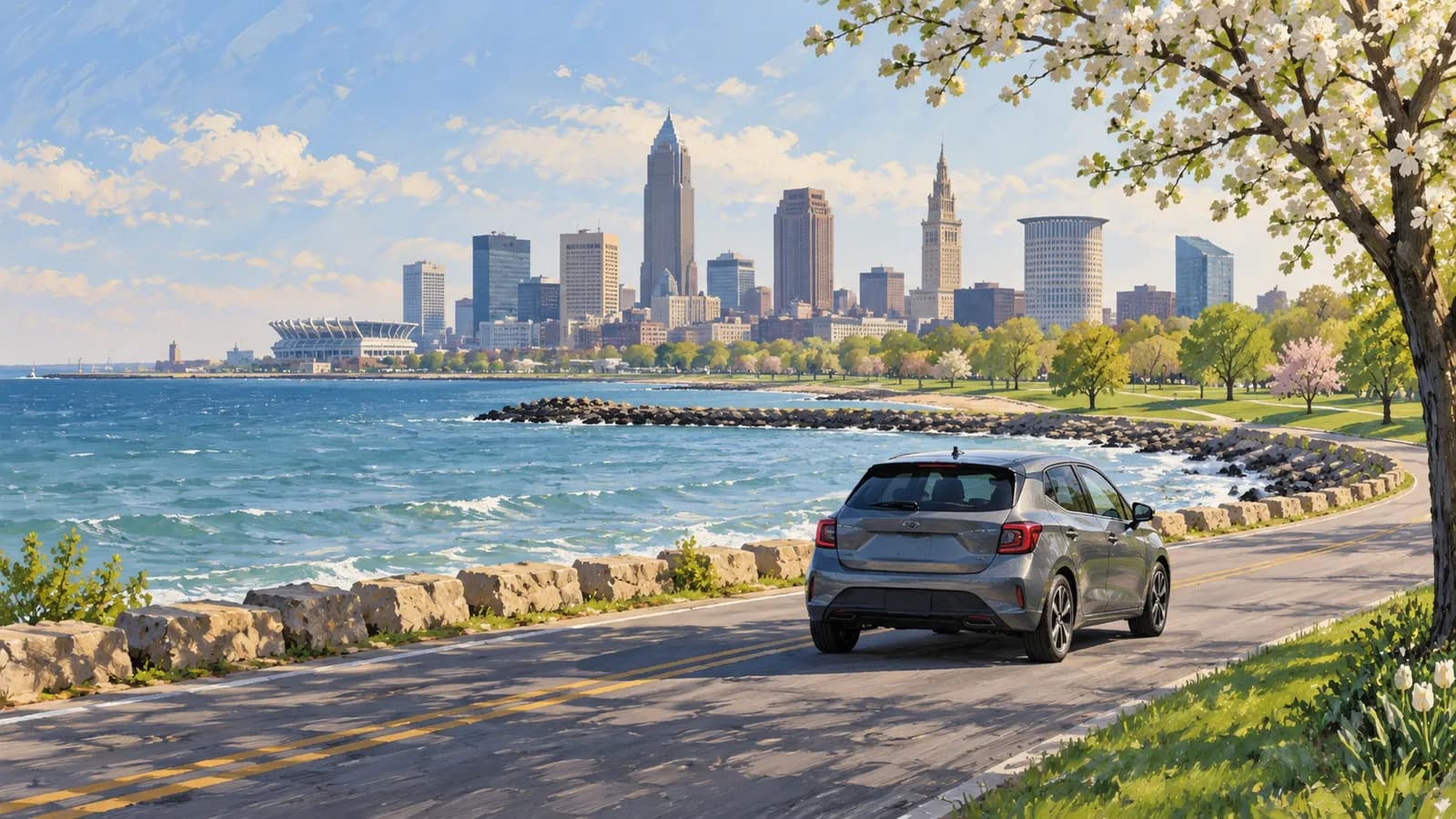 Cleveland car rental illustration showing an unbranded car beside Lake Erie with the skyline in the distance.