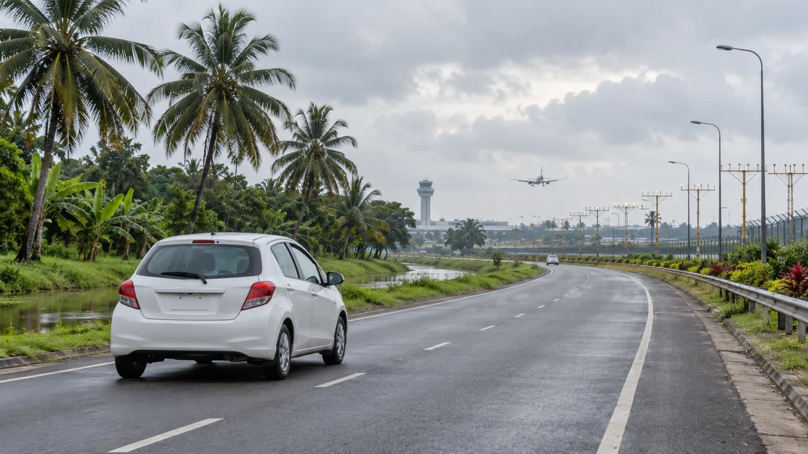 Colombo Airport car hire illustration showing an unbranded car on a tropical Sri Lankan airport road.