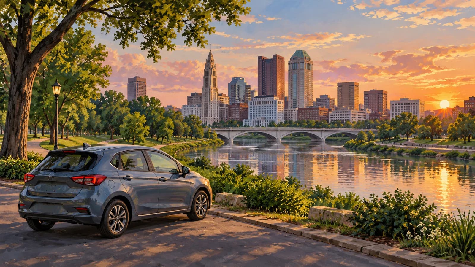Columbus car rental illustration showing an unbranded car near the Scioto River and downtown skyline.