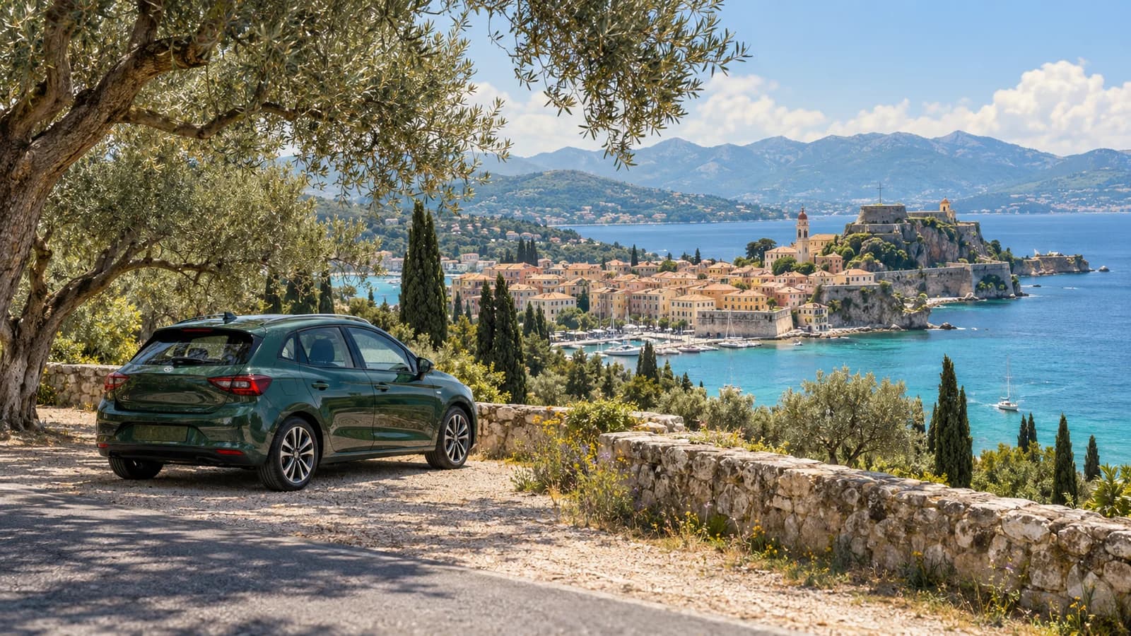 Illustration of a green compact hire car beside olive trees above Corfu town and a turquoise coastline