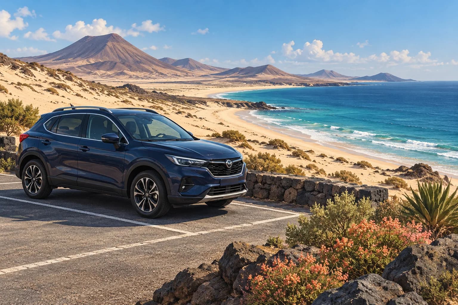 Corralejo car hire illustration showing a navy rental crossover parked on paved ground beside pale dunes, low volcanic hills and blue Fuerteventura water.