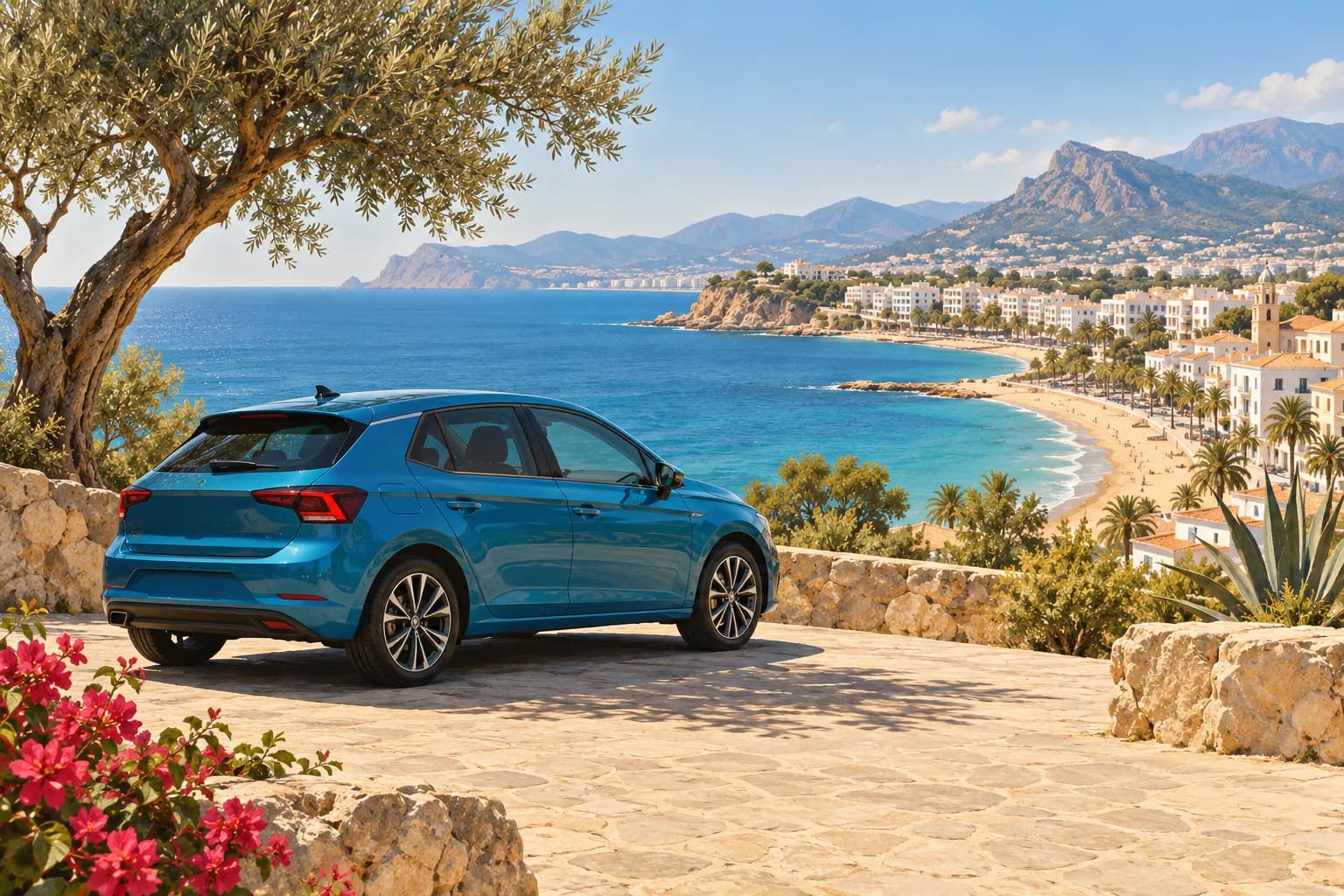 Costa Blanca car hire illustration showing a blue rental crossover at a paved lookout above a blue bay, sandy coast and Mediterranean resort skyline.