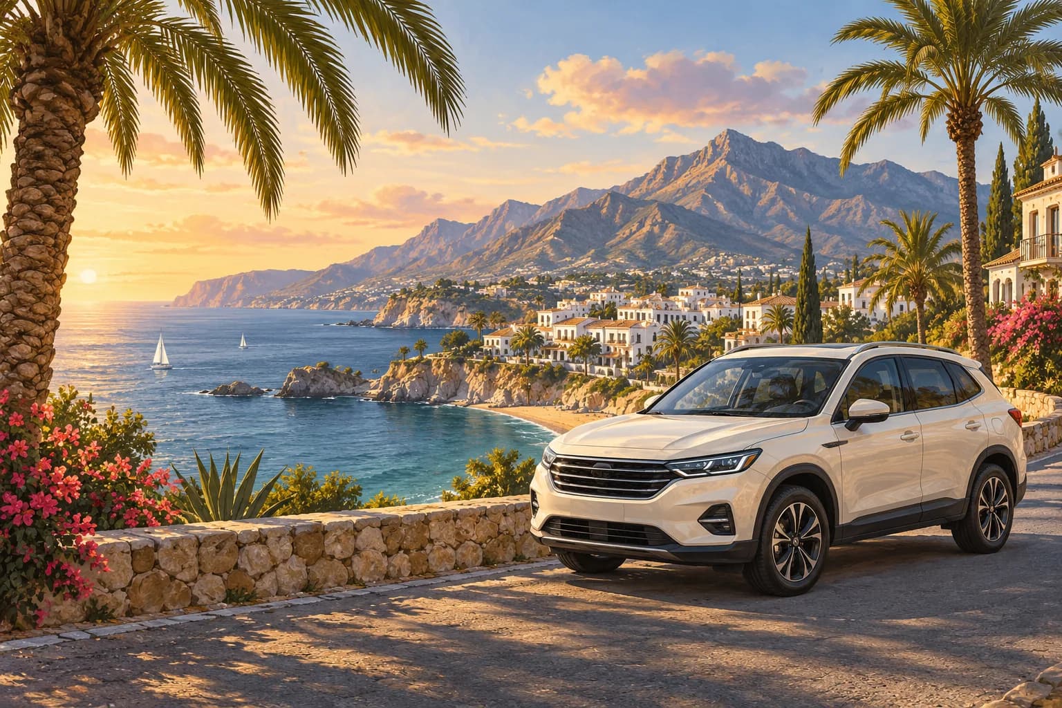 Costa del Sol car hire illustration showing an ivory rental SUV at a broad paved coastal overlook, palms, sea and distant southern Spanish mountains.
