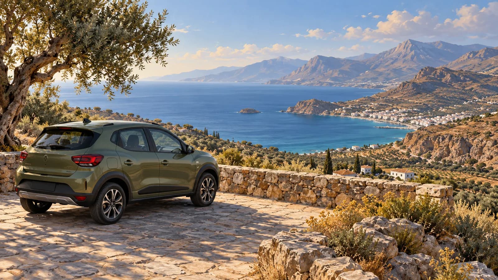 Crete car hire illustration with an olive-green compact car at a stone-walled lookout above a blue bay and dry mountain terraces.