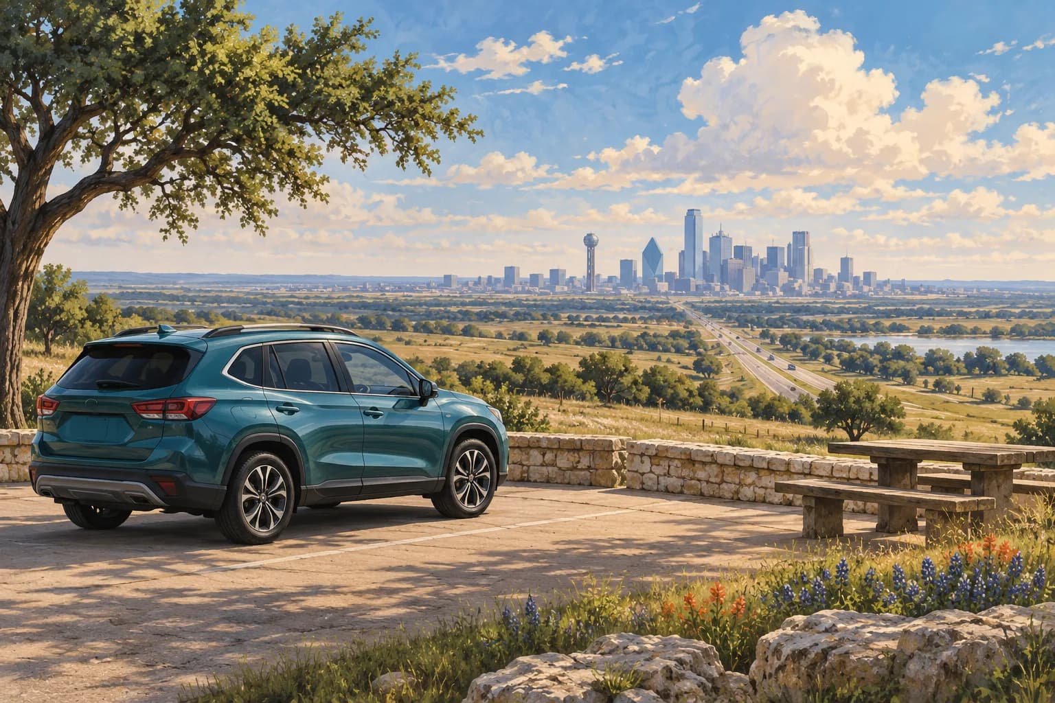 Dallas Fort Worth rental illustration showing a teal SUV at a paved Texas overlook with open prairie roads and a distant city skyline.