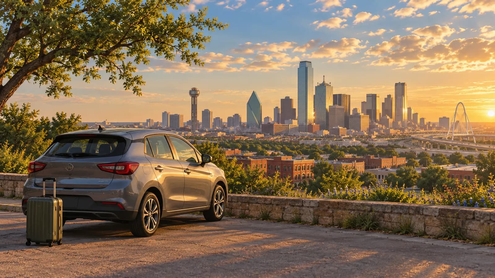 Dallas Love Field car rental illustration showing an unbranded car near brick buildings beneath a broad Texas sky.